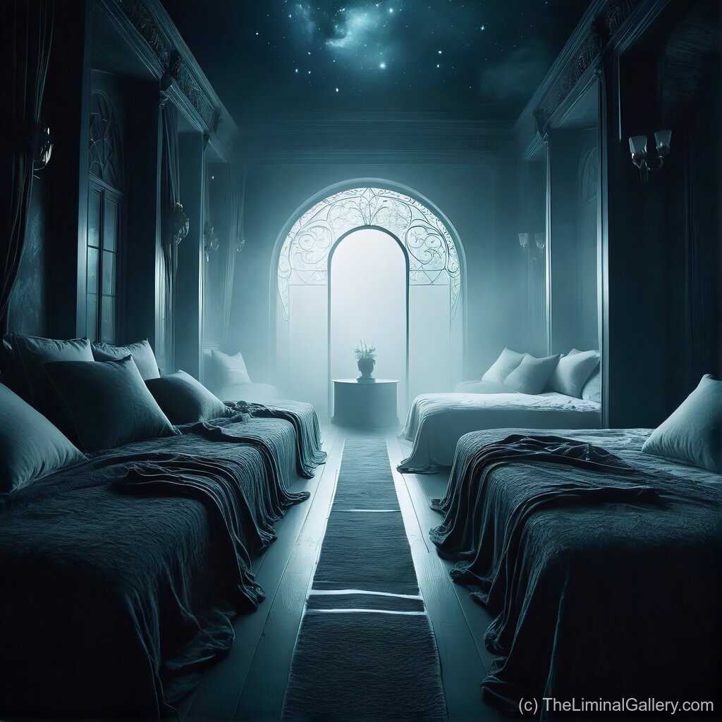 A dreamlike hall where shimmering starlight flows through an otherworldly gateway, blending fantasy and cosmic wonder.